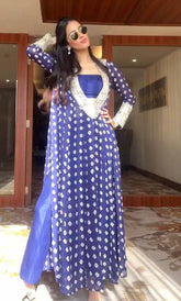 Stylish Blue Digital-Printed Chinon Kurta Set with Mirror Work Free Size Blouse & Pants